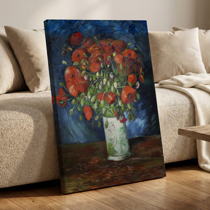 Poppies at Dusk, blue, orange, red floral wall art displayed in a styled interior, gallery view 7