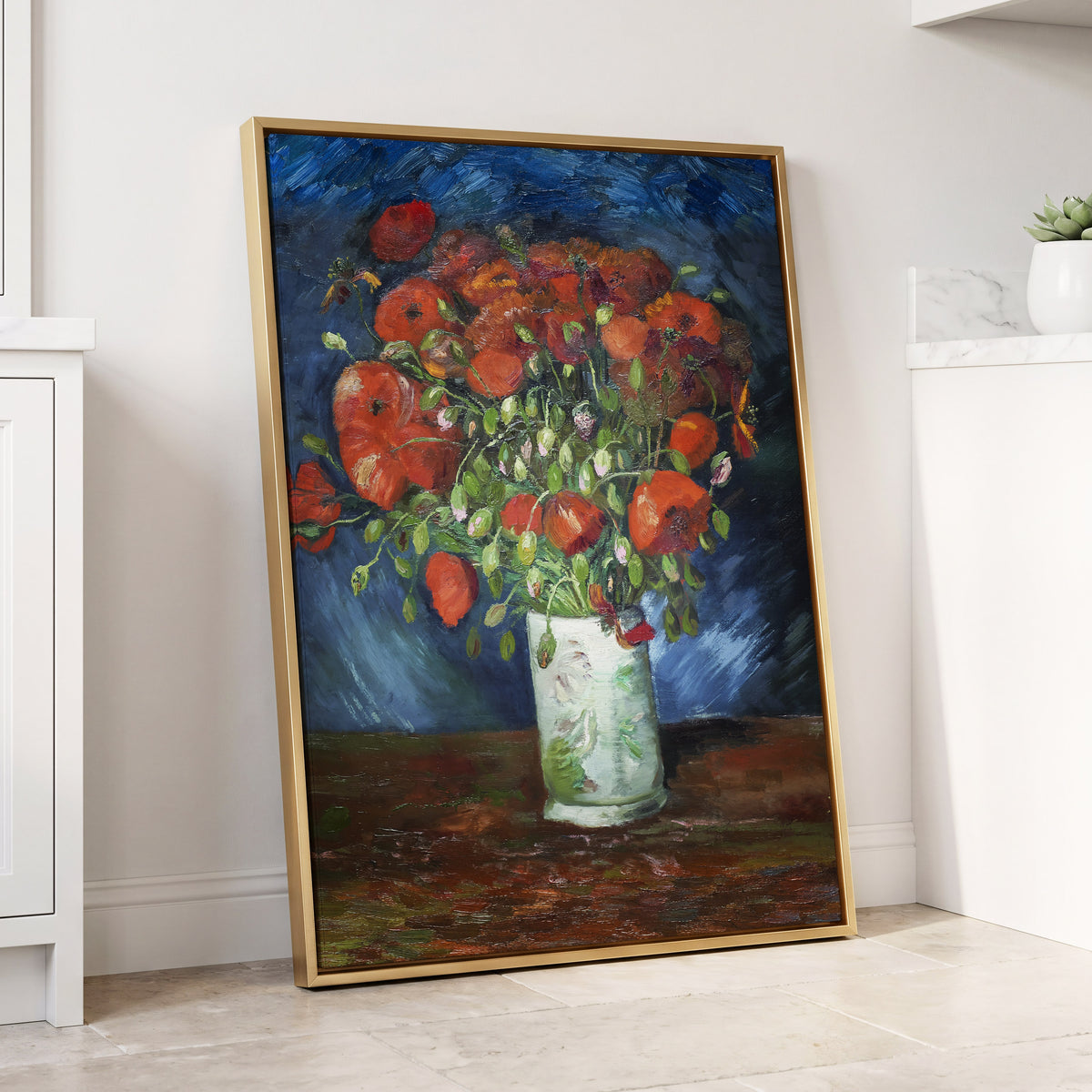 Poppies at Dusk, blue, orange, red floral wall art displayed in a styled interior, gallery view 8