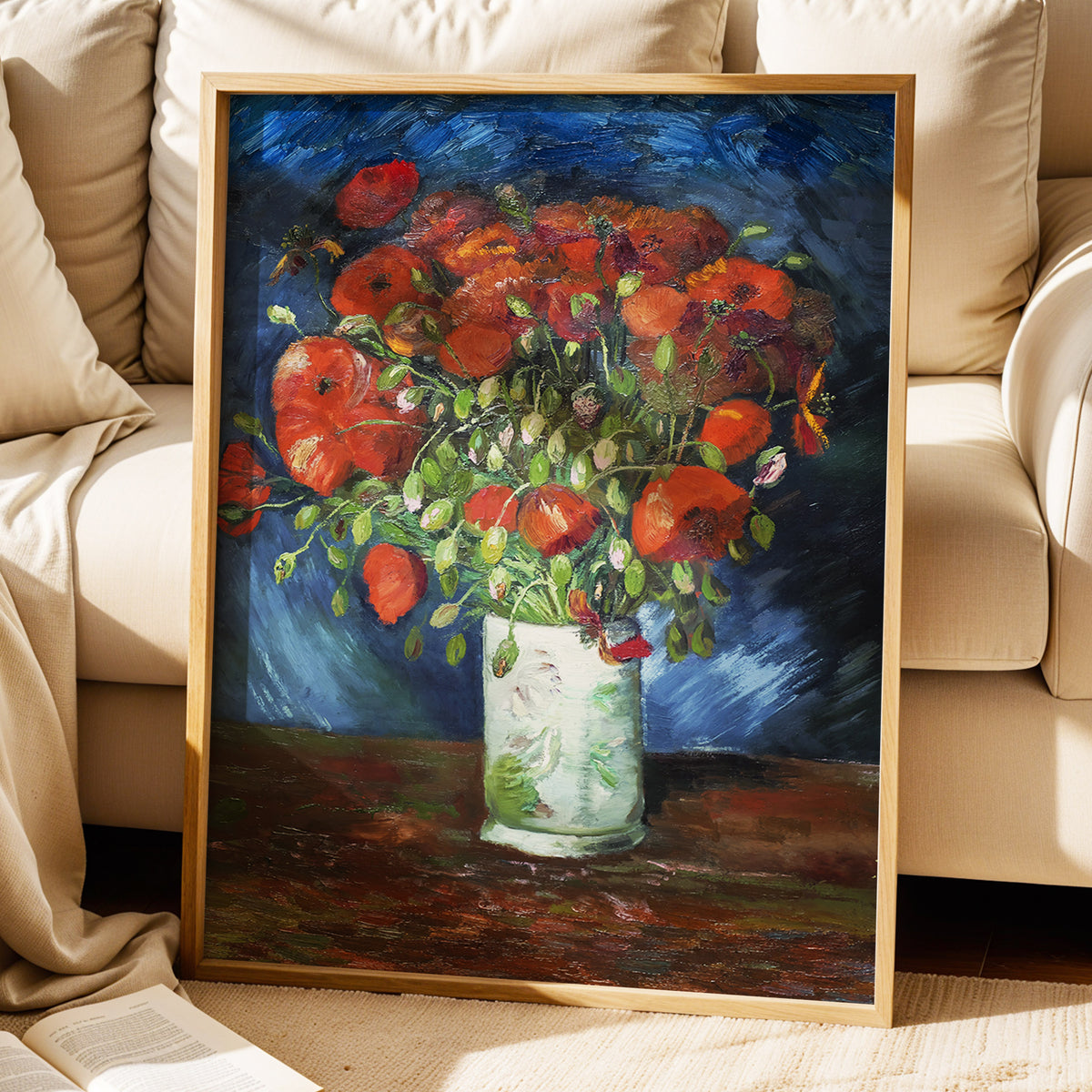 Poppies at Dusk, blue, orange, red floral wall art displayed in a styled interior, gallery view 9