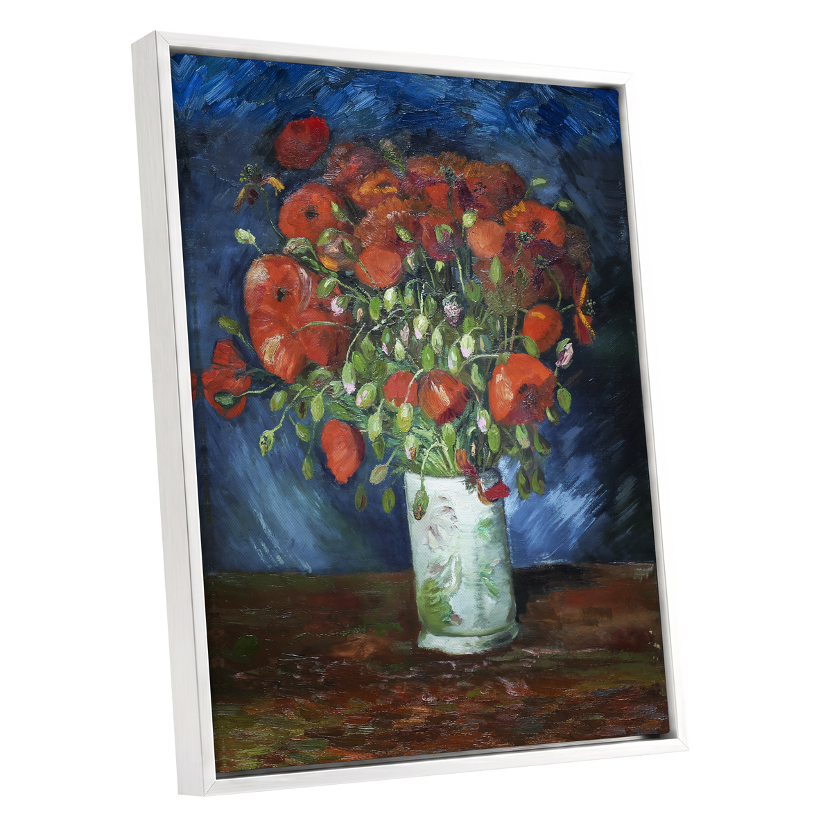 Poppies at Dusk, blue, orange, red floral wall art shown as a white framed canvas wall art
