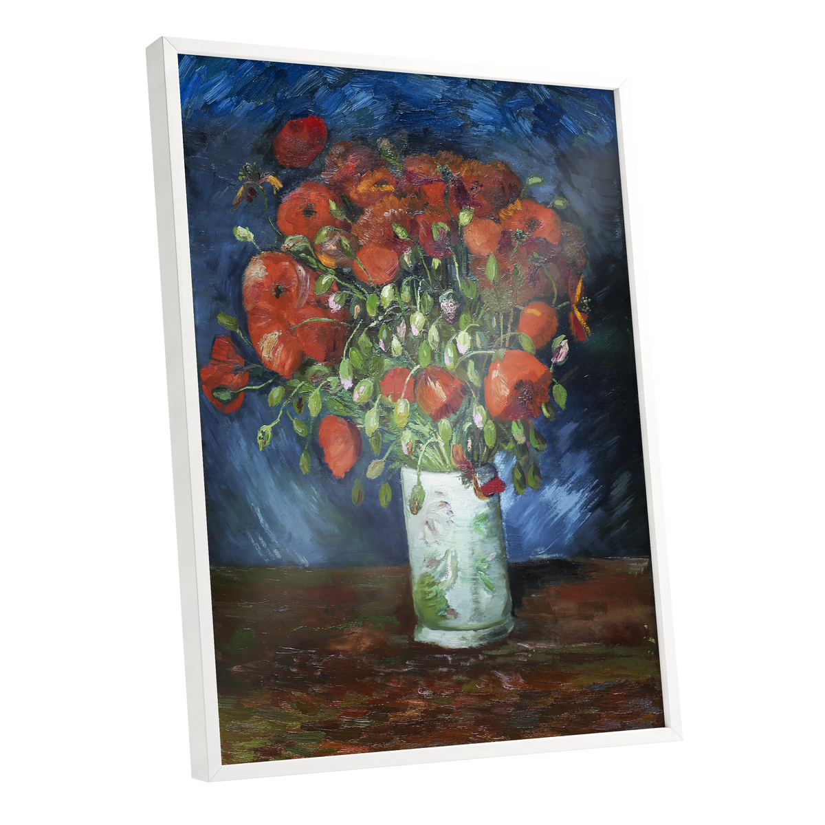 Poppies at Dusk, blue, orange, red floral wall art shown as a white framed poster wall art print