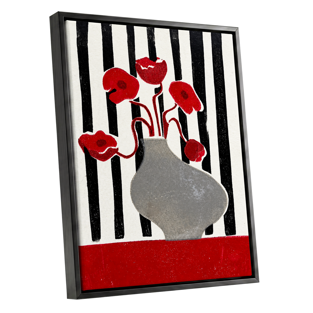 Poppies in Stripes, red, black, gray floral wall art shown as a black framed canvas wall art