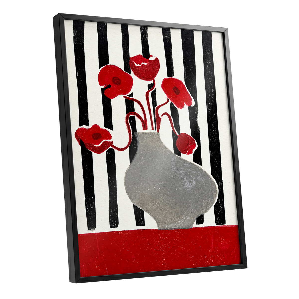 Poppies in Stripes, red, black, gray floral wall art shown as a black framed poster wall art print
