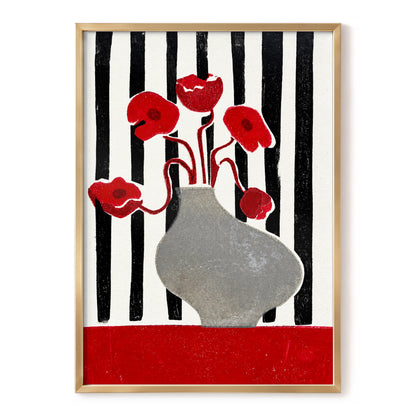 Poppies in Stripes, red, black, gray floral wall art, front artwork view