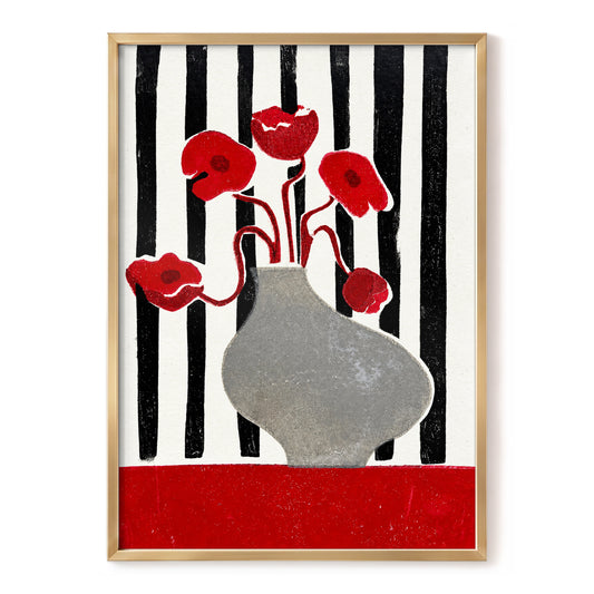 Poppies in Stripes, red, black, gray floral wall art, front artwork view