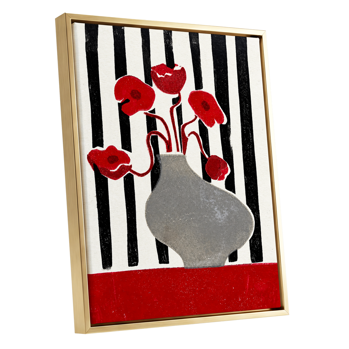 Poppies in Stripes, red, black, gray floral wall art shown as a gold framed canvas wall art