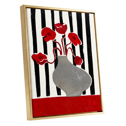 Poppies in Stripes, red, black, gray floral wall art shown as a gold framed canvas wall art