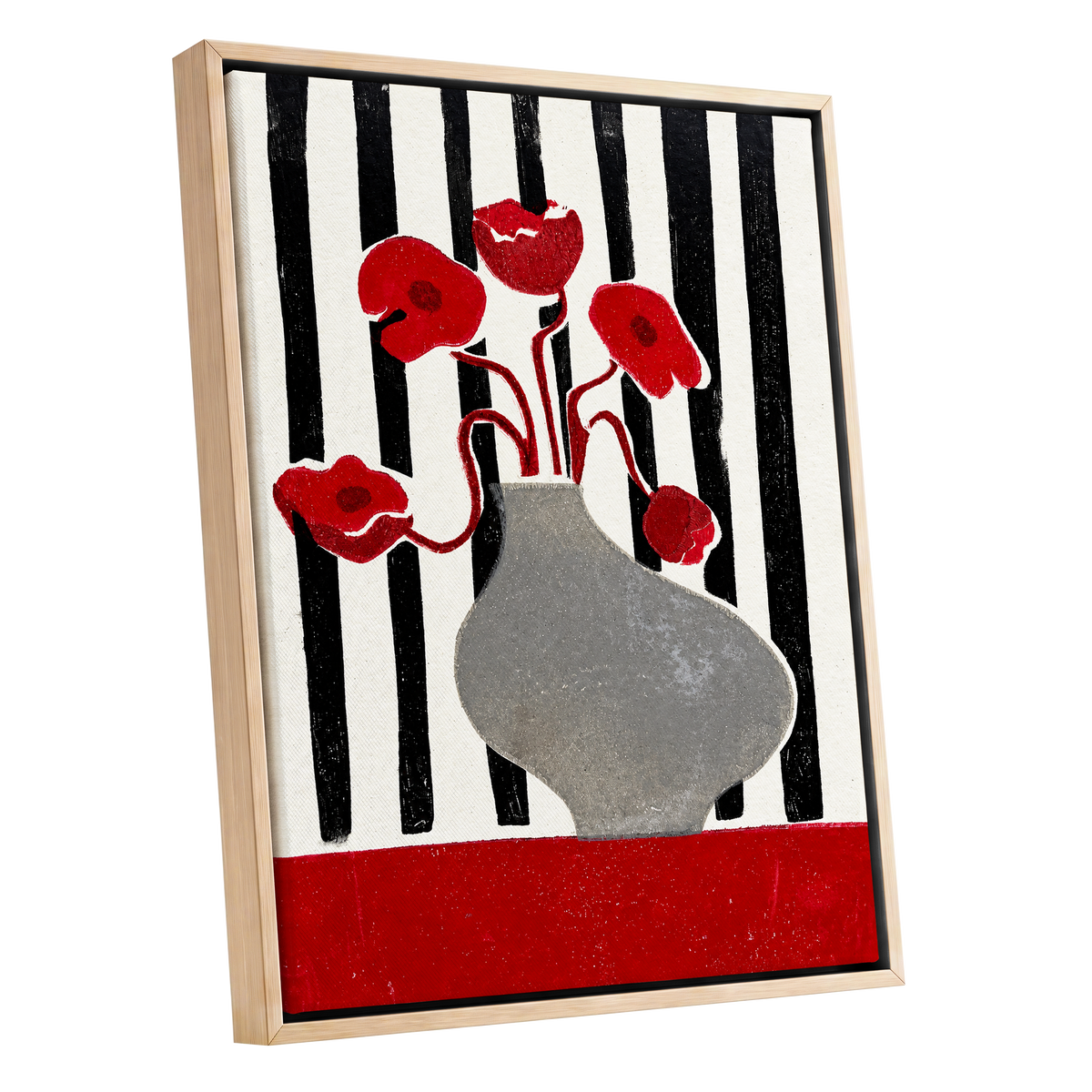 Poppies in Stripes, red, black, gray floral wall art shown as a oak framed canvas wall art