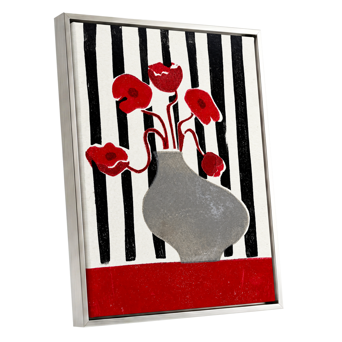 Poppies in Stripes, red, black, gray floral wall art shown as a silver framed canvas wall art