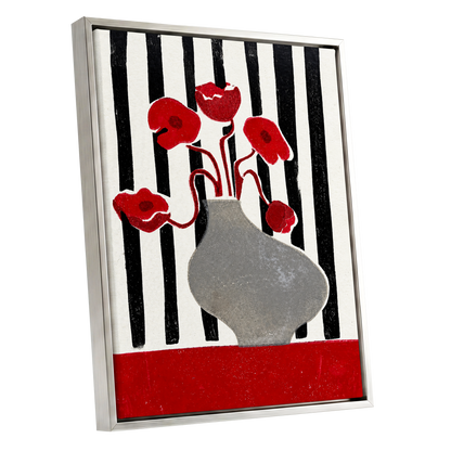Poppies in Stripes, red, black, gray floral wall art shown as a silver framed canvas wall art