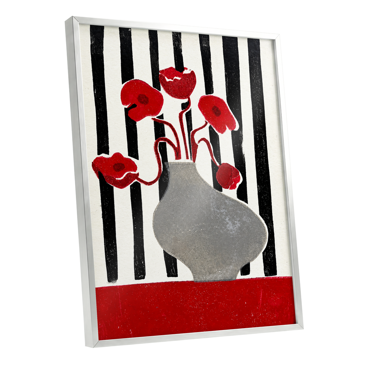 Poppies in Stripes, red, black, gray floral wall art shown as a silver framed poster wall art print