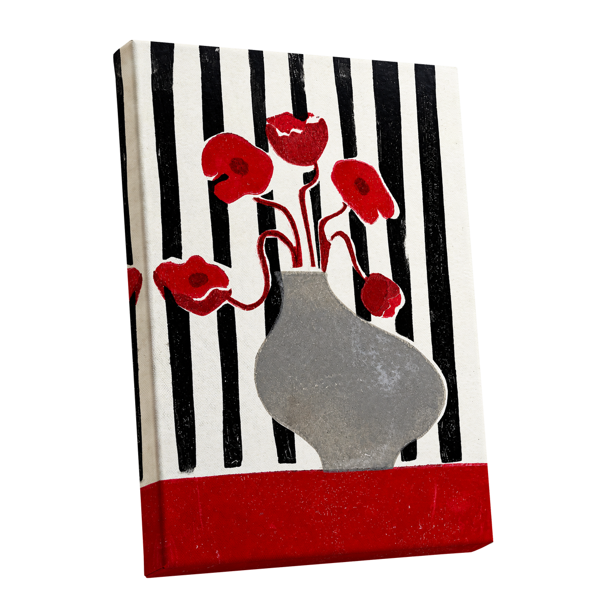 Poppies in Stripes, red, black, gray floral wall art shown as a stretched canvas wall art