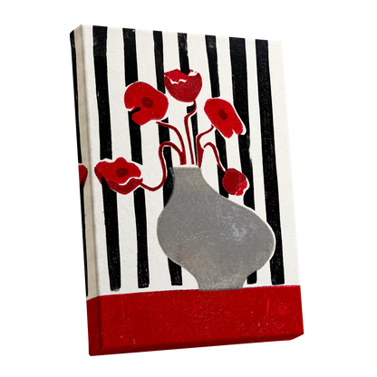 Poppies in Stripes, red, black, gray floral wall art shown as a stretched canvas wall art