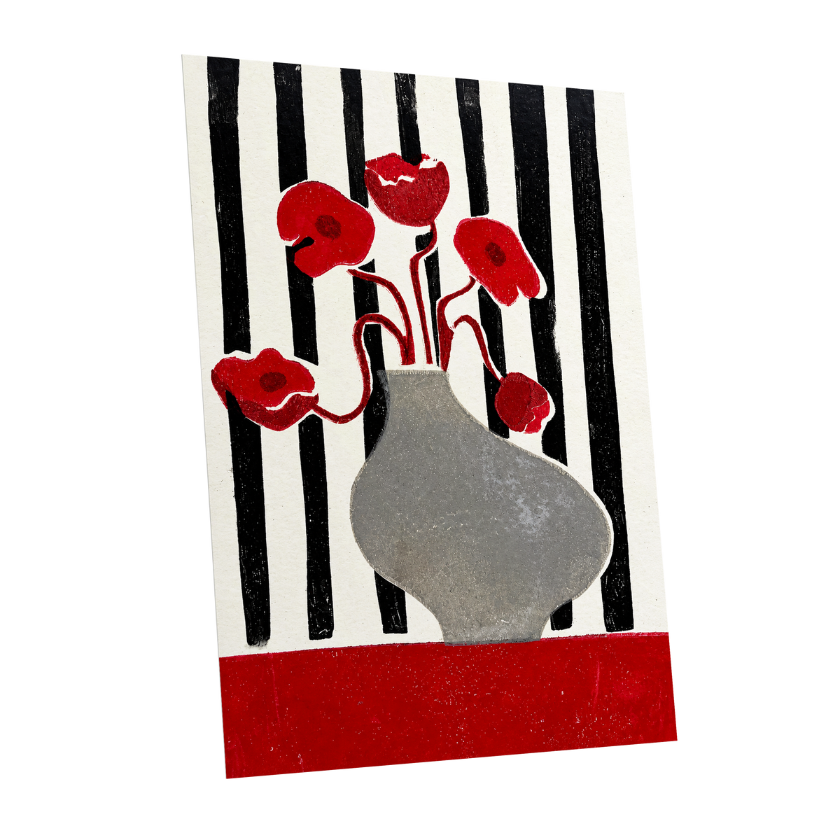 Poppies in Stripes, red, black, gray floral wall art shown as a unframed poster wall art print