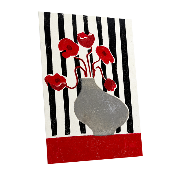 Poppies in Stripes, red, black, gray floral wall art shown as a unframed poster wall art print