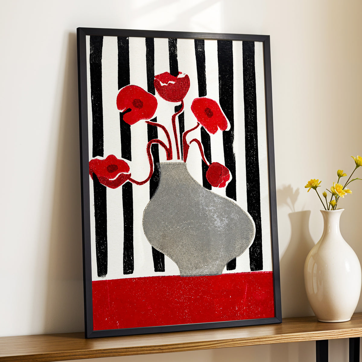 Poppies in Stripes, red, black, gray floral wall art displayed in a styled interior, gallery view 2
