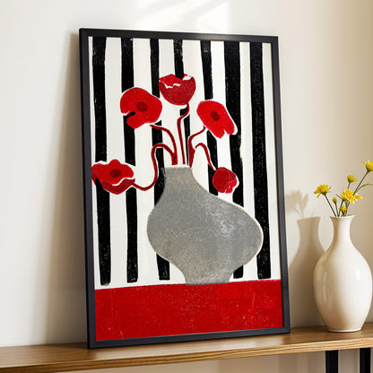 Poppies in Stripes, red, black, gray floral wall art displayed in a styled interior, gallery view 2