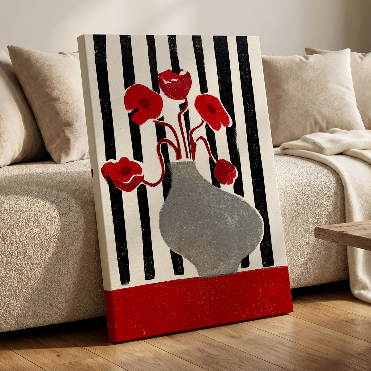 Poppies in Stripes, red, black, gray floral wall art displayed in a styled interior, gallery view 3