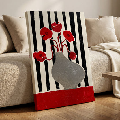 Poppies in Stripes, red, black, gray floral wall art displayed in a styled interior, gallery view 3