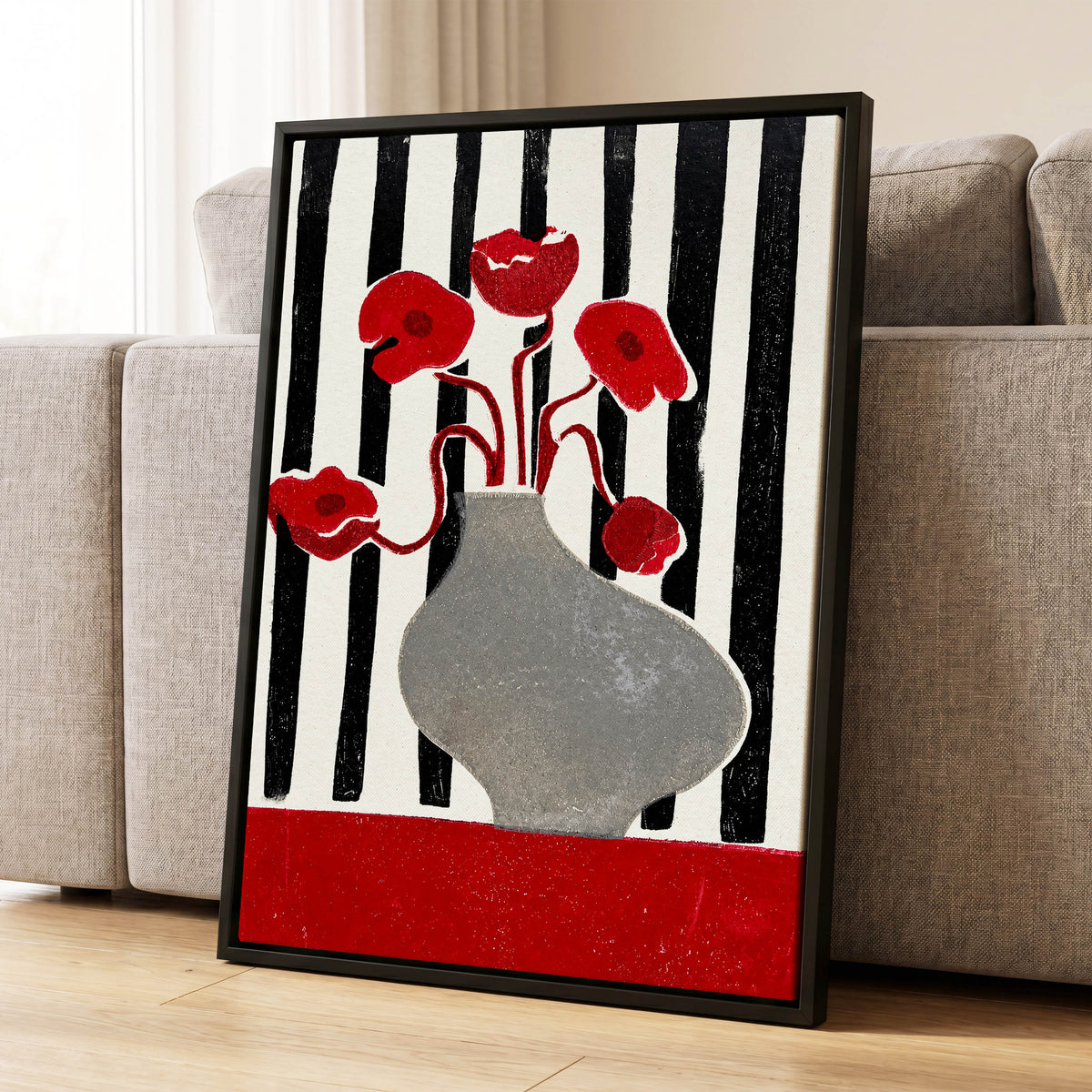 Poppies in Stripes, red, black, gray floral wall art displayed in a styled interior, gallery view 4