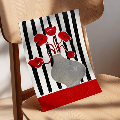 Poppies in Stripes, red, black, gray floral wall art displayed in a styled interior, gallery view 5