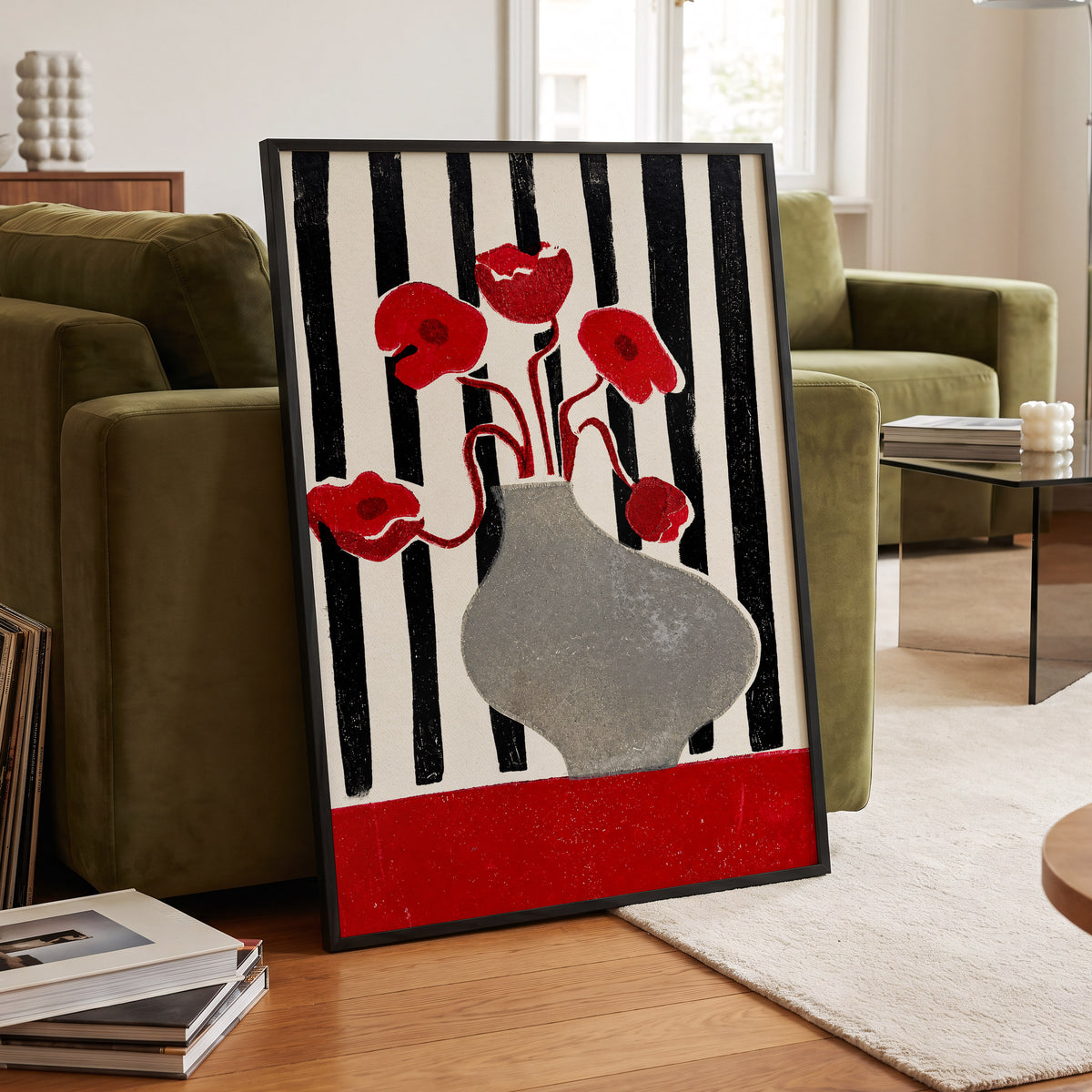 Poppies in Stripes, red, black, gray floral wall art displayed in a styled interior, gallery view 6