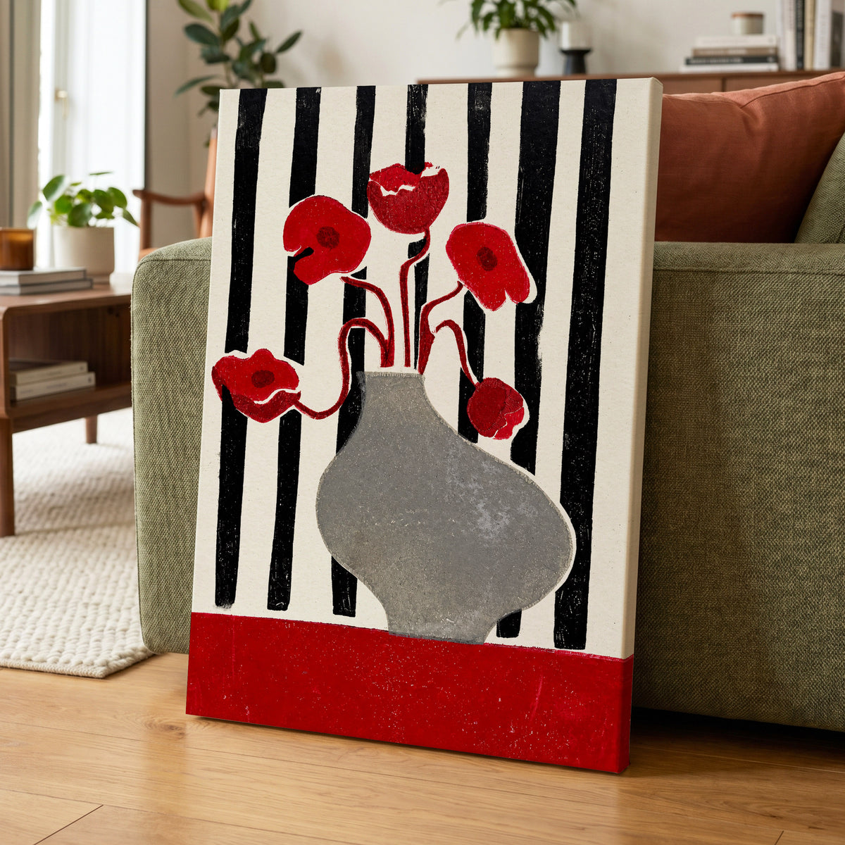 Poppies in Stripes, red, black, gray floral wall art displayed in a styled interior, gallery view 7