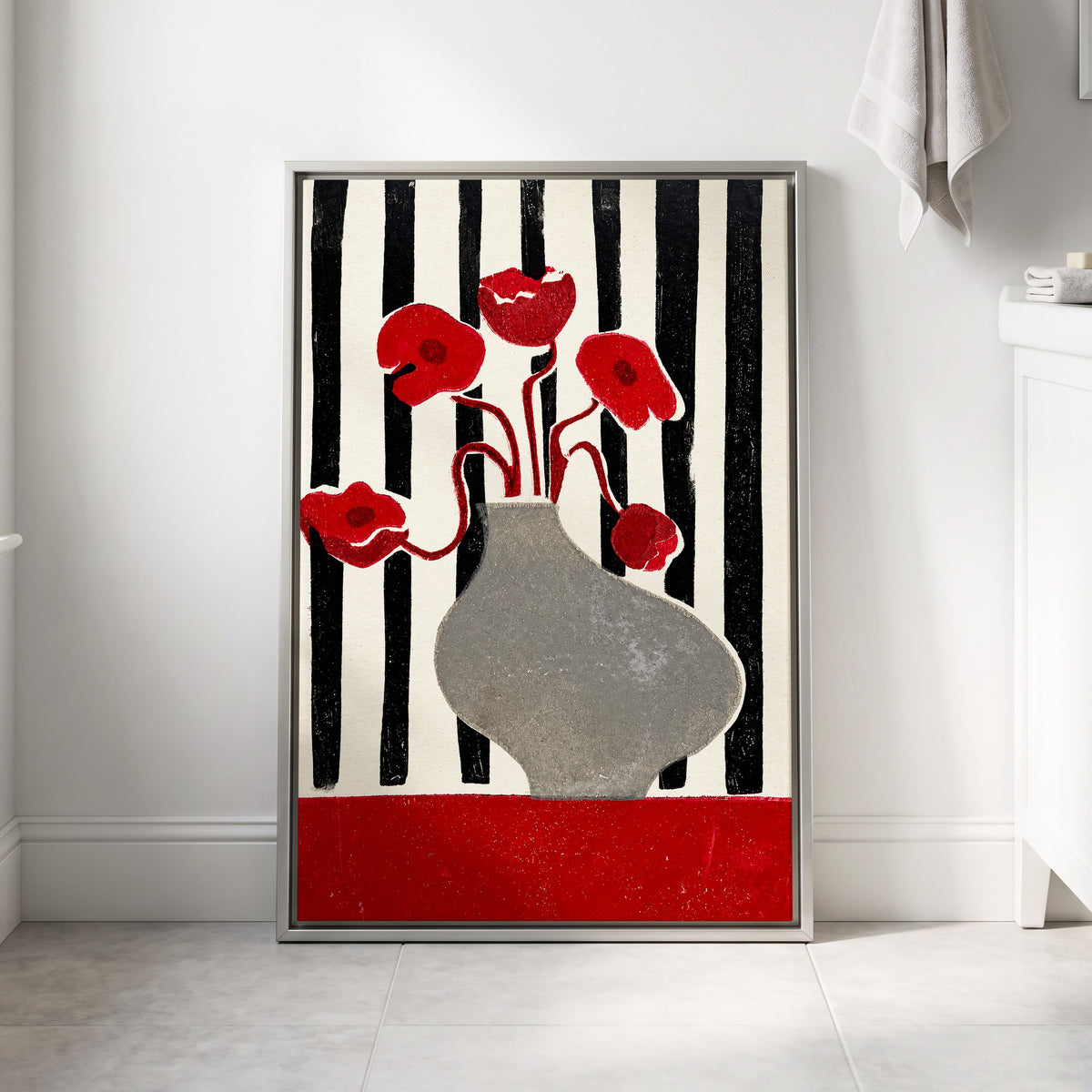 Poppies in Stripes, red, black, gray floral wall art displayed in a styled interior, gallery view 8