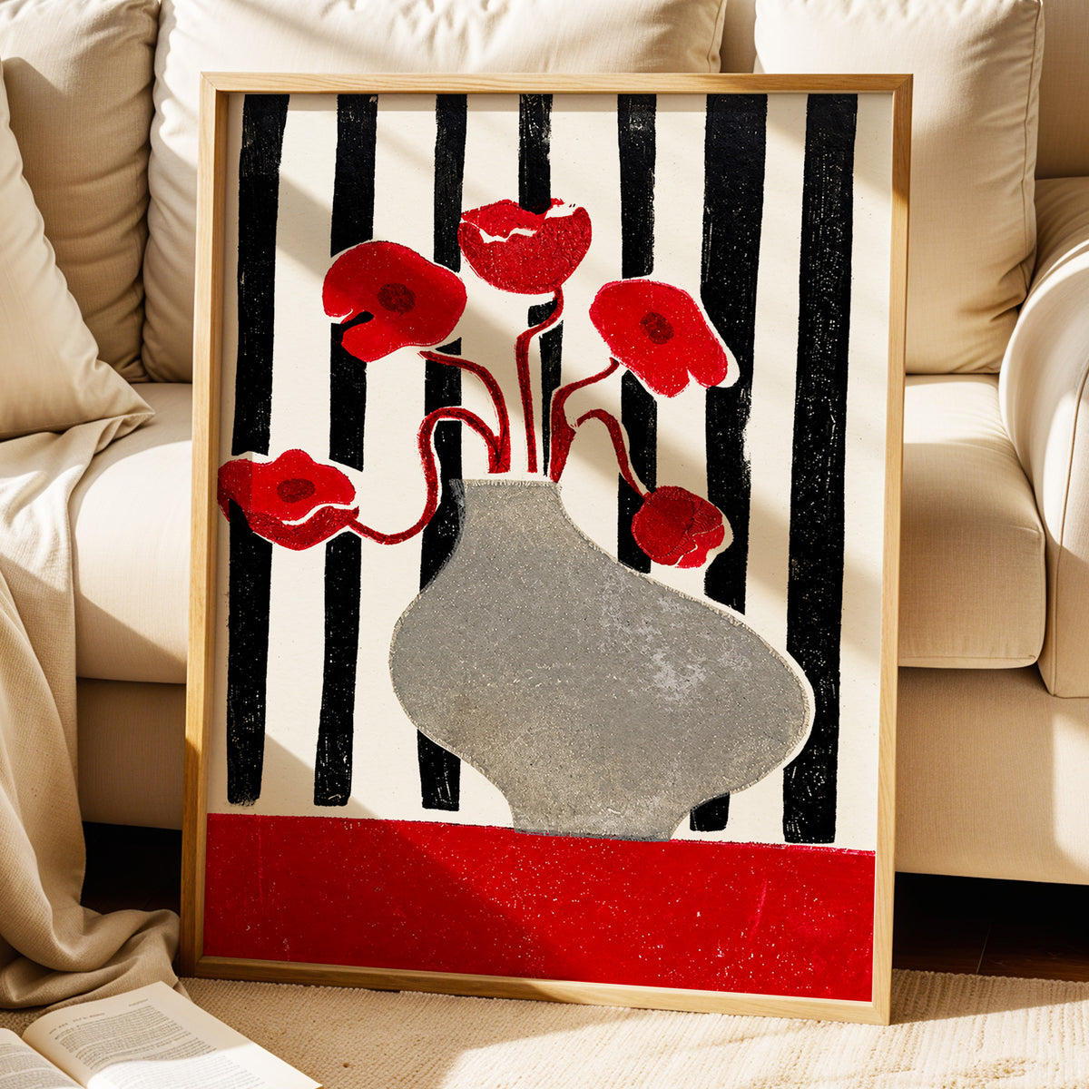 Poppies in Stripes, red, black, gray floral wall art displayed in a styled interior, gallery view 9