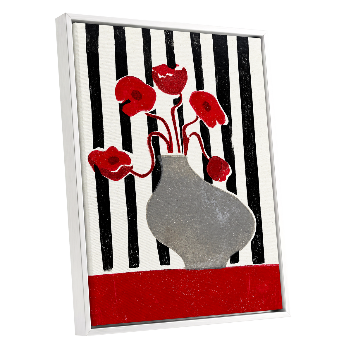 Poppies in Stripes, red, black, gray floral wall art shown as a white framed canvas wall art