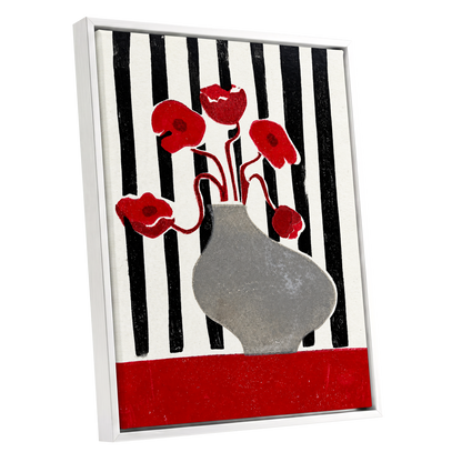 Poppies in Stripes, red, black, gray floral wall art shown as a white framed canvas wall art