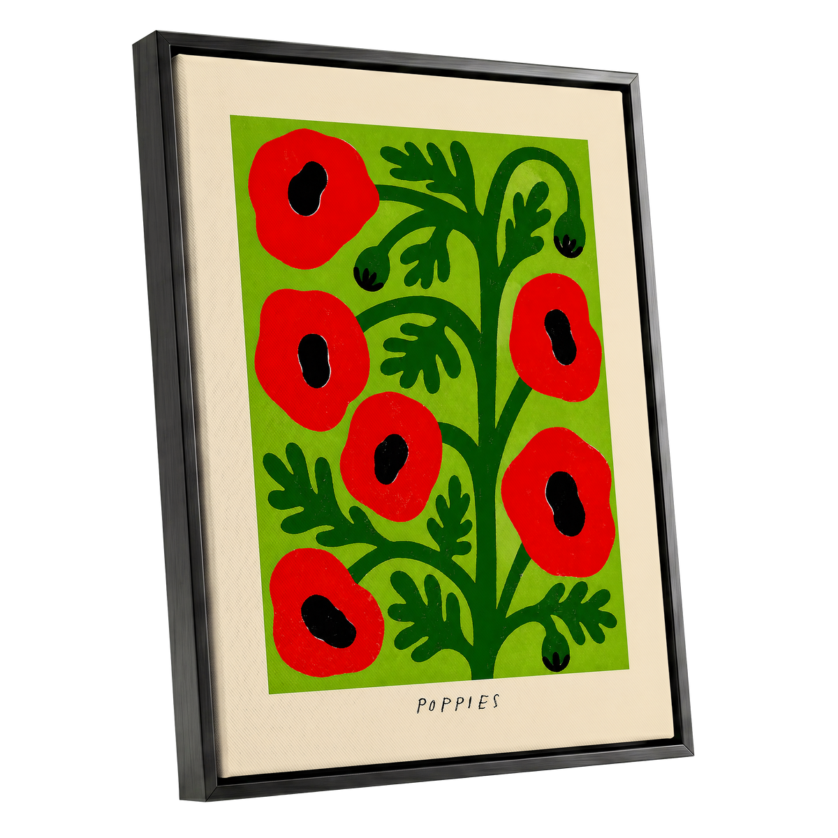 Poppies on Lime, red, green, black floral wall art shown as a black framed canvas wall art