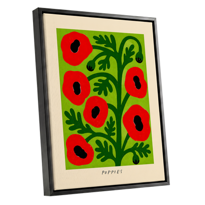 Poppies on Lime, red, green, black floral wall art shown as a black framed canvas wall art