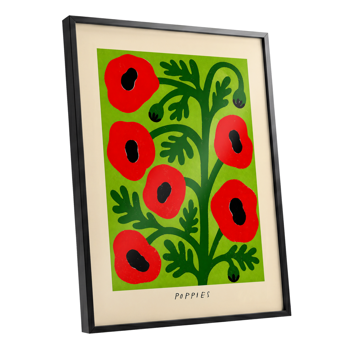 Poppies on Lime, red, green, black floral wall art shown as a black framed poster wall art print