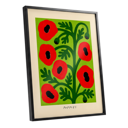Poppies on Lime, red, green, black floral wall art shown as a black framed poster wall art print