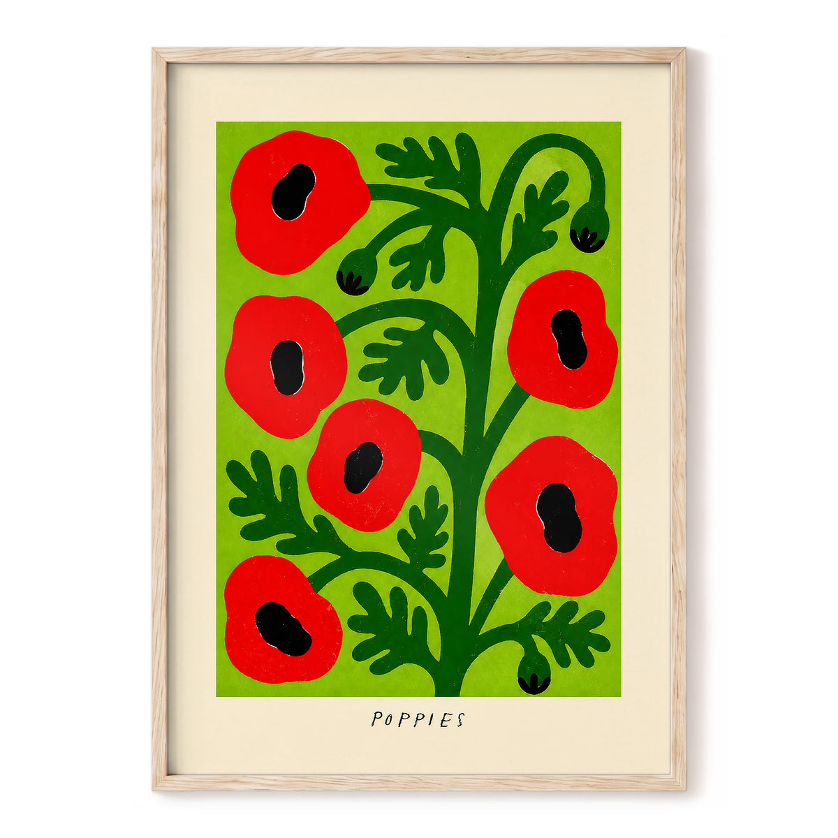 Poppies on Lime, red, green, black floral wall art, front artwork view