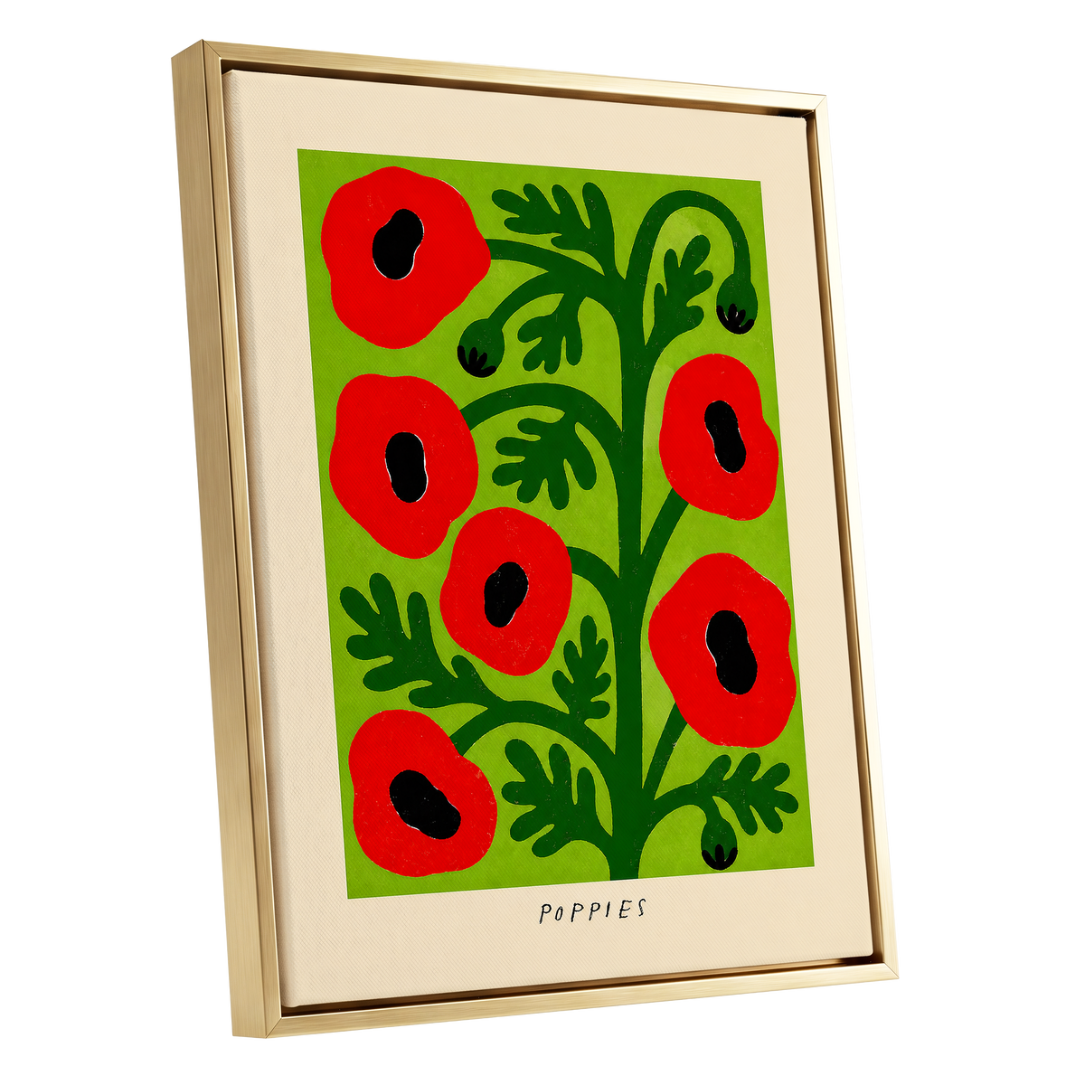 Poppies on Lime, red, green, black floral wall art shown as a gold framed canvas wall art