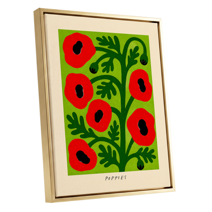 Poppies on Lime, red, green, black floral wall art shown as a gold framed canvas wall art