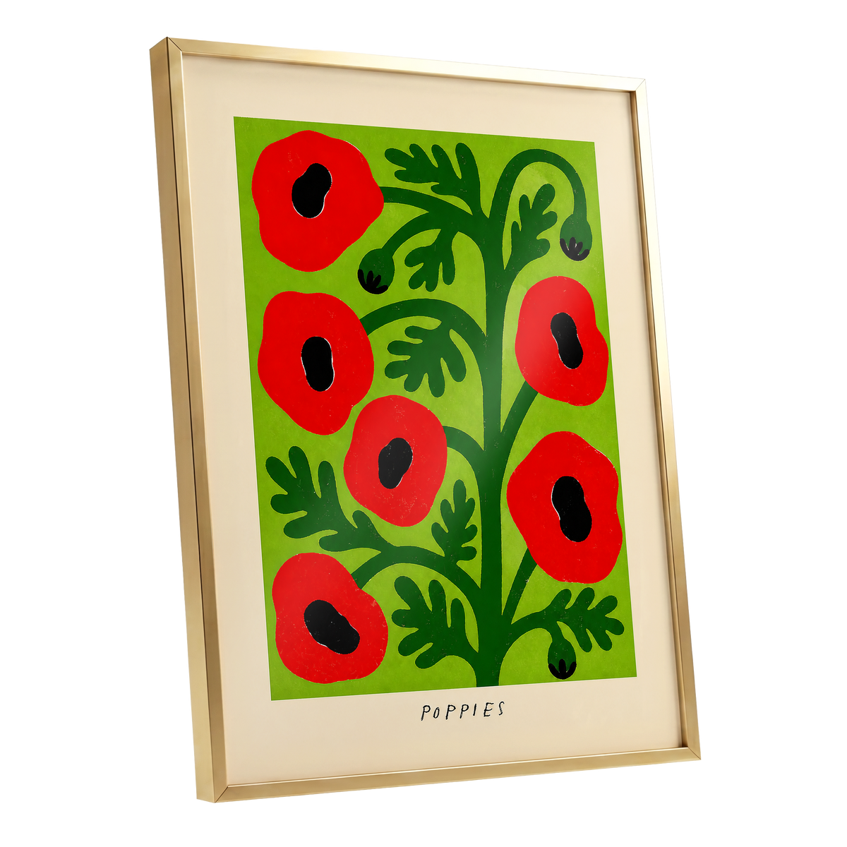 Poppies on Lime, red, green, black floral wall art shown as a gold framed poster wall art print