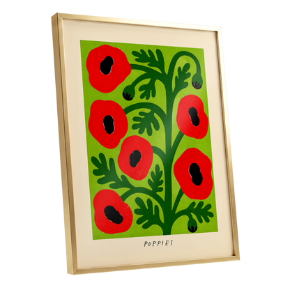 Poppies on Lime, red, green, black floral wall art shown as a gold framed poster wall art print