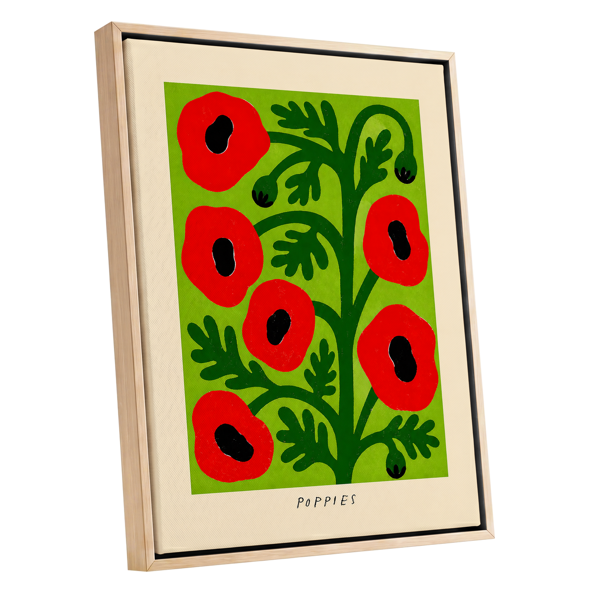 Poppies on Lime, red, green, black floral wall art shown as a oak framed canvas wall art