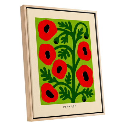 Poppies on Lime, red, green, black floral wall art shown as a oak framed canvas wall art