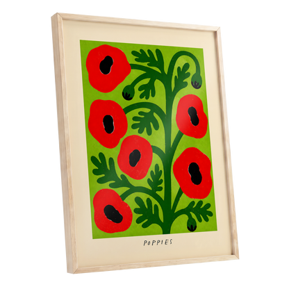 Poppies on Lime, red, green, black floral wall art shown as a oak framed poster wall art print