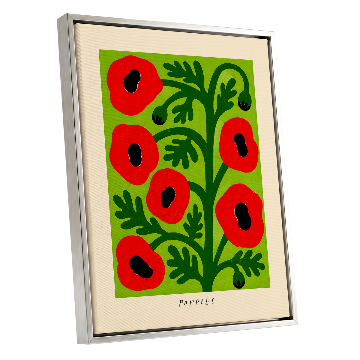 Poppies on Lime, red, green, black floral wall art shown as a silver framed canvas wall art