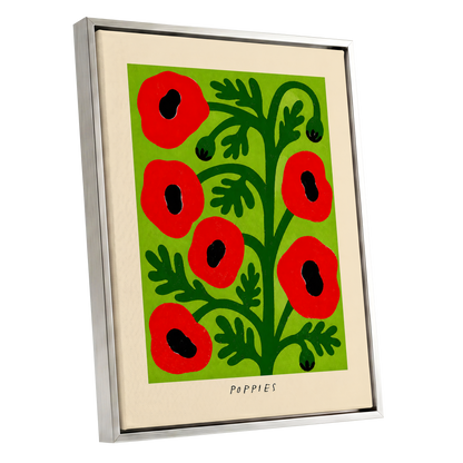 Poppies on Lime, red, green, black floral wall art shown as a silver framed canvas wall art