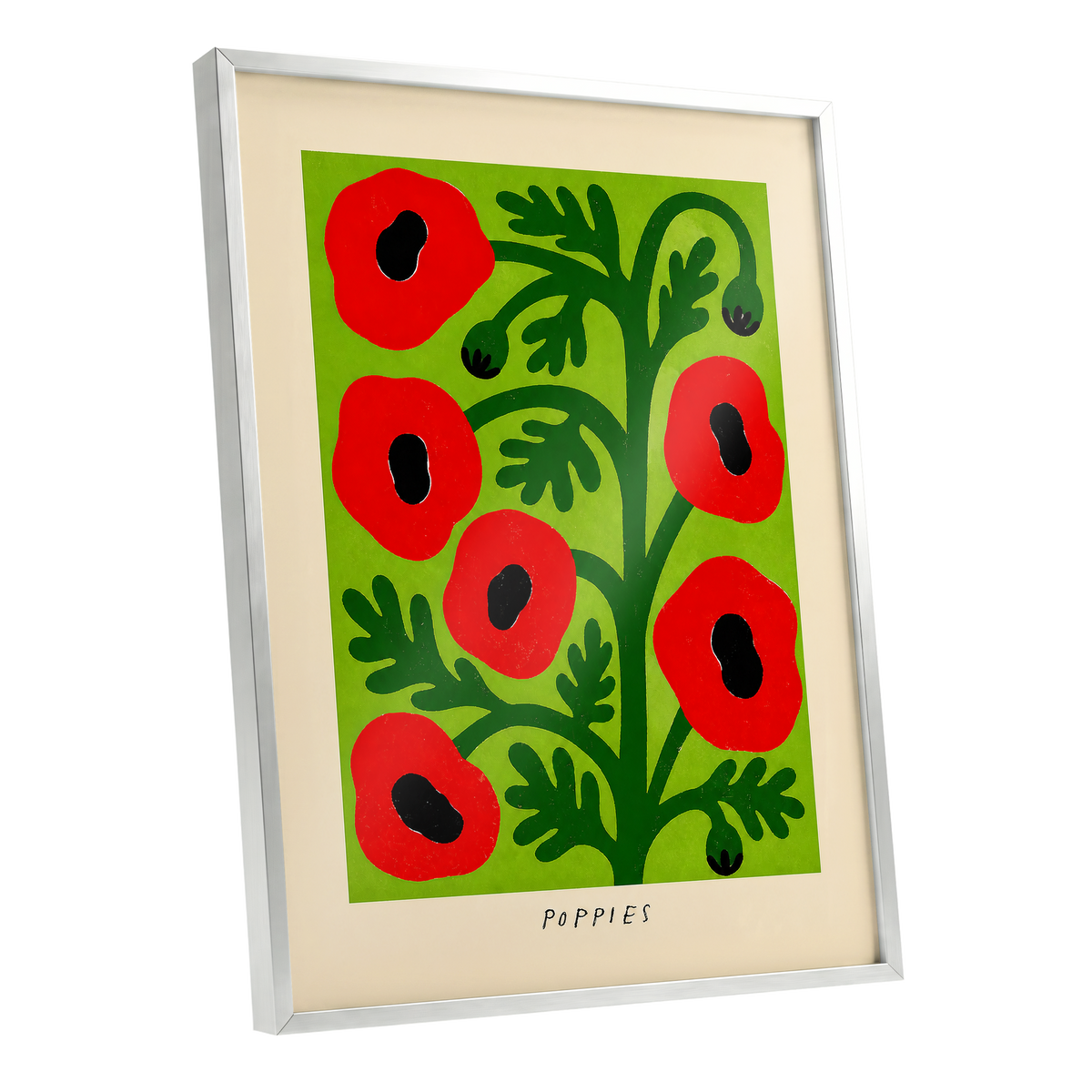 Poppies on Lime, red, green, black floral wall art shown as a silver framed poster wall art print