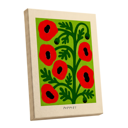 Poppies on Lime, red, green, black floral wall art shown as a stretched canvas wall art