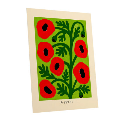 Poppies on Lime, red, green, black floral wall art shown as a unframed poster wall art print