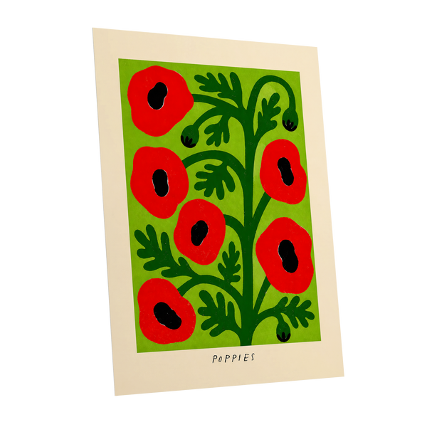 Poppies on Lime, red, green, black floral wall art shown as a unframed poster wall art print
