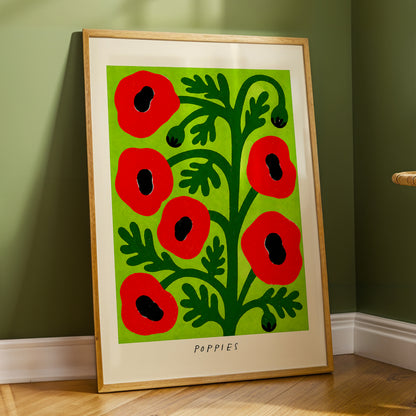 Poppies on Lime, red, green, black floral wall art displayed in a styled interior, gallery view 2